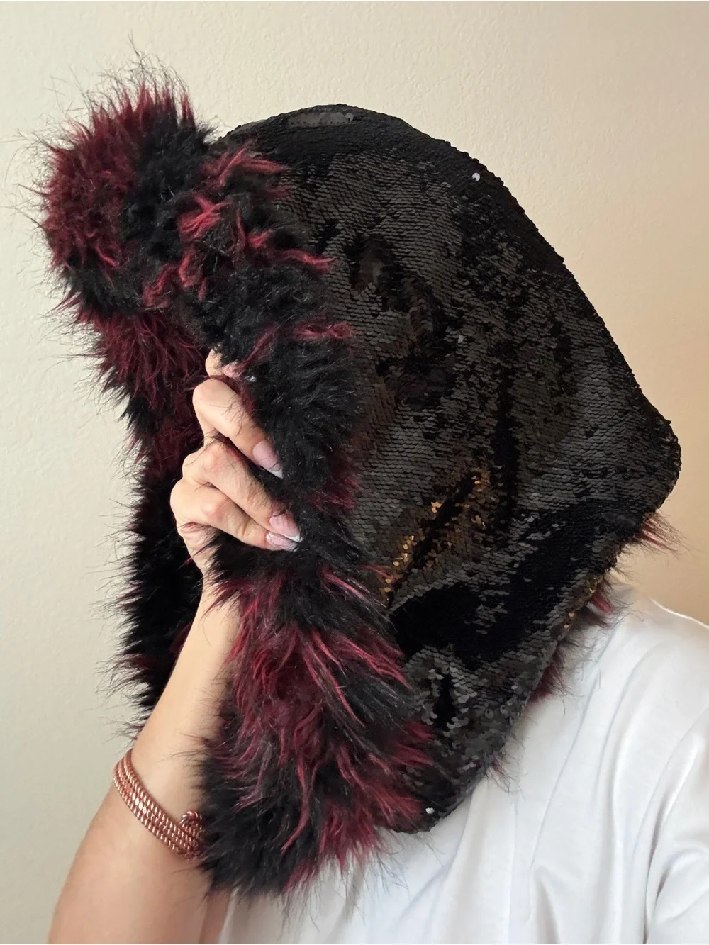 Faux Fur Reversible Hooded Scarf - Black Sequin and Burgundy